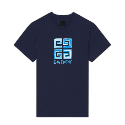 欧洲直邮Givenchy纪梵希 男士藏青色棉质蓝色图案印花圆领T恤纯棉