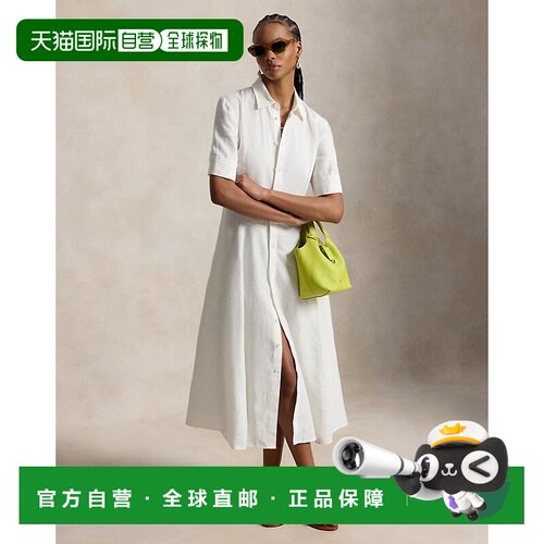 自营欧洲直邮Ralph Lauren拉夫劳伦 女士白色亚麻拼接衬衫裙