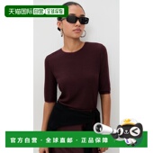 香港直邮VINCE 女士 缎面裁剪五分袖 1h可退 水手领上衣 red红色