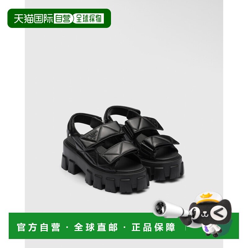 自营欧洲直邮Prada普拉达 Monolith系列女士黑色羔羊皮锯齿纹凉鞋