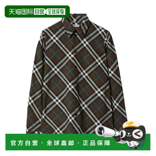 自营Burberry/博柏利 女士深棕色拼色棉质格纹印花长袖衬衫