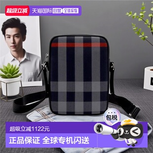 自营欧洲直邮Burberry 男士 黑灰色棉经典 格纹肩带斜男包 博柏丽
