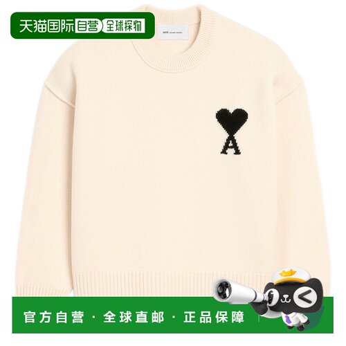 自营欧洲直邮AMI PARIS Ami de Coeur女士米白色羊毛刺绣圆领毛衣