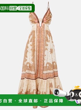 1h可退 香港直邮ZIMMERMANN 女士 Maxine 佩斯利苎麻中长连衣裙