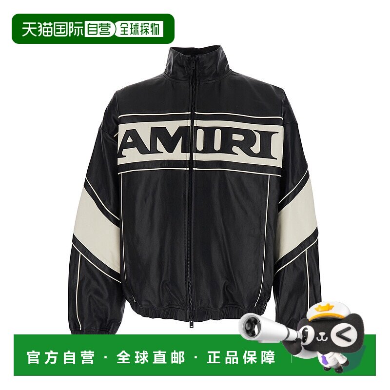 1h可退 香港直邮AMIRI 男士 Maxi Logo 高領拉鍊皮夾克 AMOUJA103