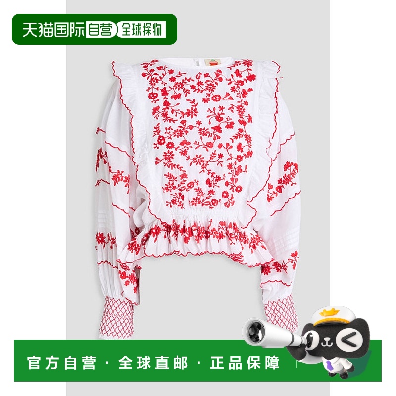 1h可退 香港直邮FARM RIO 女士 荷叶边刺绣棉纱衫 327755OFFWHITE