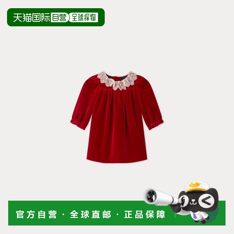 欧洲直邮Bonpoint小樱桃 Jaylisa女婴红色蕾丝领有机棉丝绒连衣裙