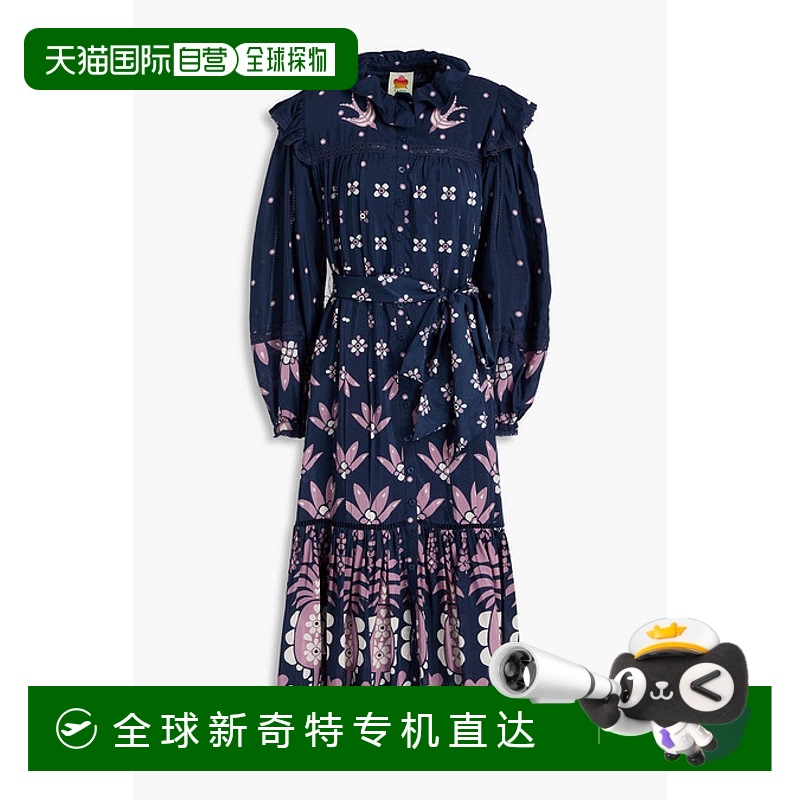 1h可退 香港直邮FARM RIO 女士 荷叶边印花缎面中长连衣裙 315397