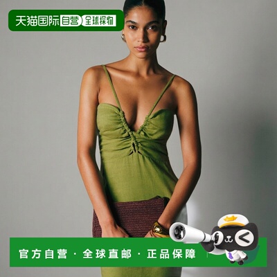 自营欧洲直邮Sezane PEARLY女士橄榄绿亚麻混纺弹力中长连衣裙
