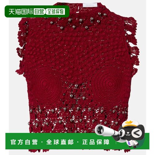 香港直邮Rabanne 女士 精饰钩花棉质上衣 red红色 舒适时尚