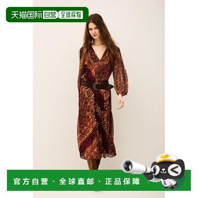 自营欧洲直邮Ba&Sh巴安诗 ORIA女士红色粘胶纤维印花宽松中长连衣