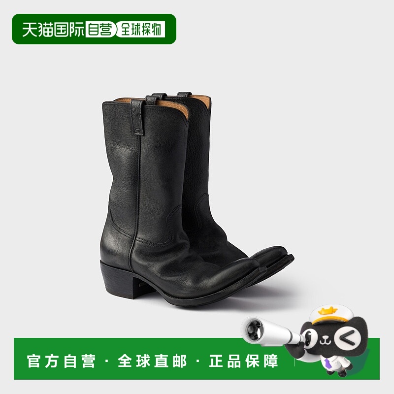 自营欧洲直邮Prada普拉达 男士黑色小牛皮金属牌装饰牛仔靴