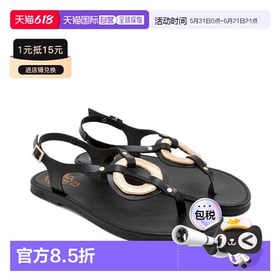 欧洲直邮PORRONET西班牙手工真皮圆形金属饰平底凉鞋AURELIA黑色