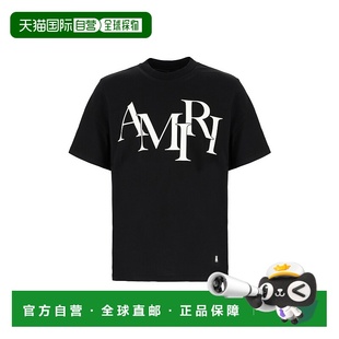 1h可退 香港直邮AMIRI 男士 STAGGERED 黑色棉质徽标T恤 AMJYTE11