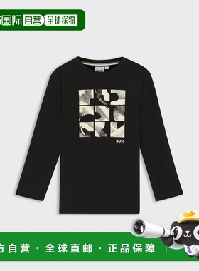 欧洲直邮Hugo Boss 4-14岁儿童黑色棉艺术图案长袖T恤
