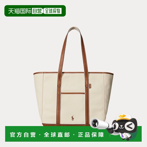 自营欧洲直邮Ralph Lauren拉夫劳伦 女士米色帆布皮革边饰手提包