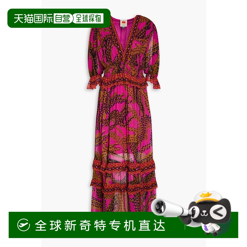 1h可退 香港直邮FARM RIO 女士 荷叶边印花乔其纱长款连衣裙 3122