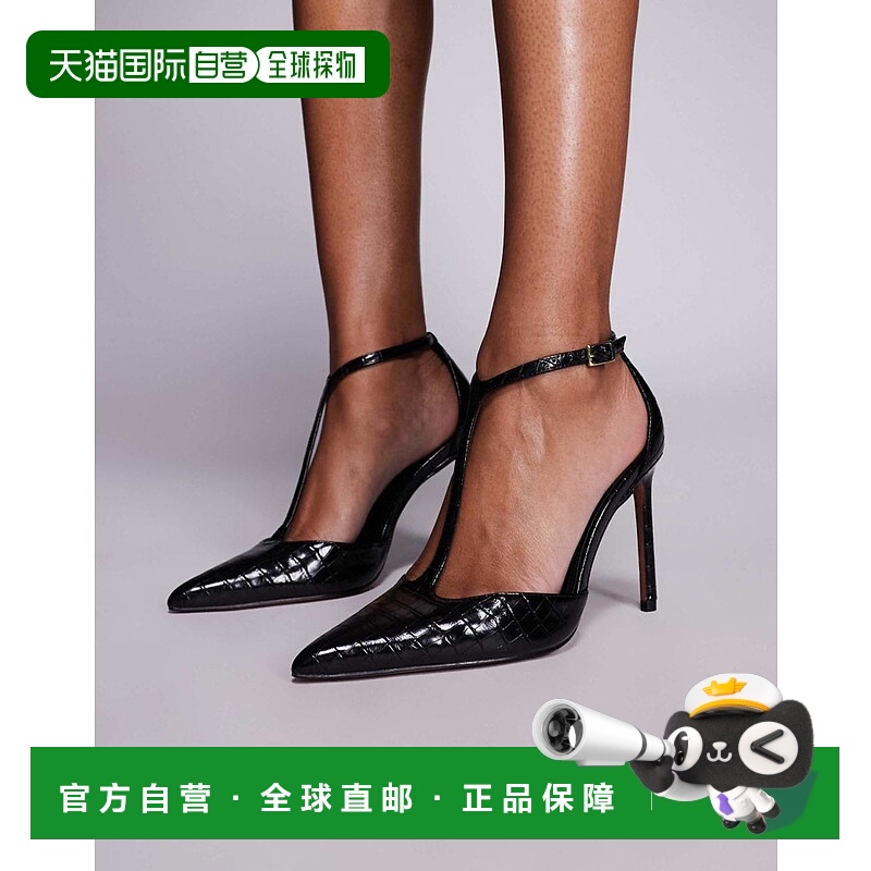 1h可退 香港直邮ASOS 女士 Prime 设计T带高跟鳄鱼纹鞋(黑色)