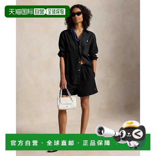 自营欧洲直邮Ralph Lauren拉夫劳伦 女士亚麻抽绳黑色休闲裤短裤