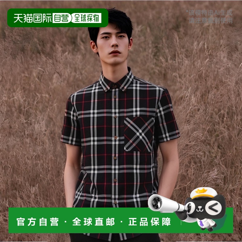 自营欧洲直邮BURBERRY/博柏利 男士黑米色棉质饰胸袋格纹短袖衬衫