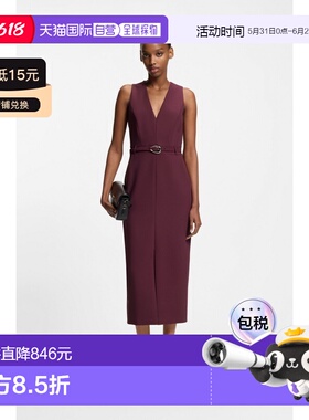 自营欧洲直邮Hugo Boss 女士深红色聚酯纤维V领无袖连衣裙