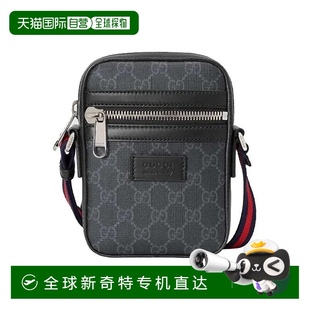 欧洲直邮Gucci 黑灰色帆布拼皮老花Logo条纹织带单肩包 古驰 男士