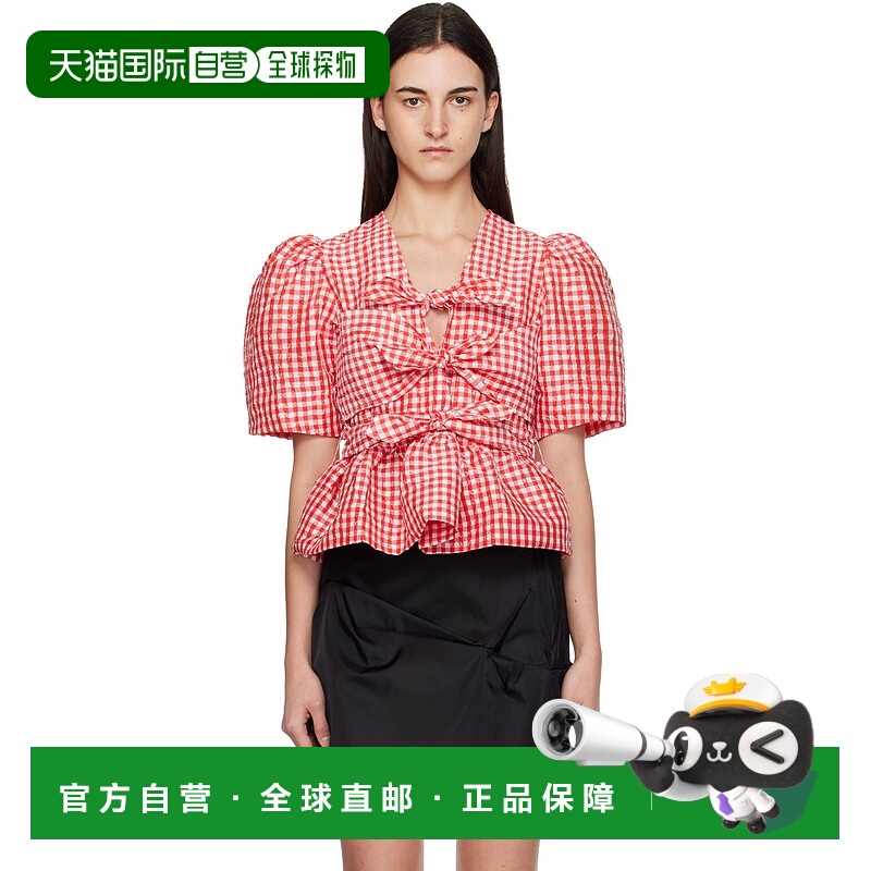 香港直邮GANNI 甘尼 女士 红色 Crinkled Check Taffeta 上装 W08