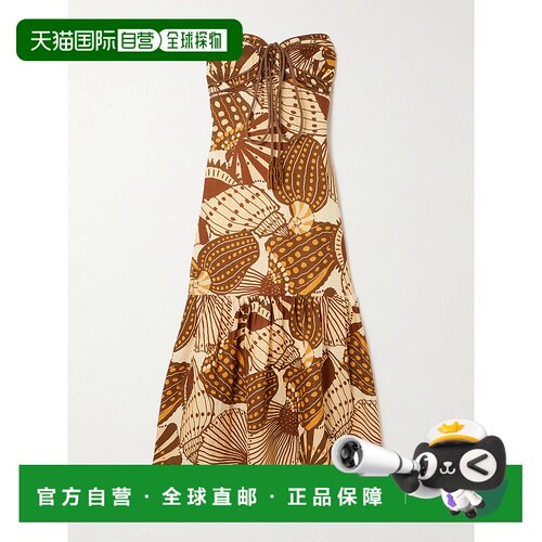 1h可退 香港直邮FARM RIO 女士 流苏抽褶印花亚麻挂脖长款连衣裙