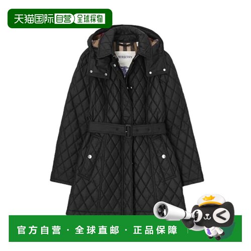 自营欧洲直邮BURBERRY/博柏丽 女士黑色聚酯纤维可拆卸连帽束腰棉