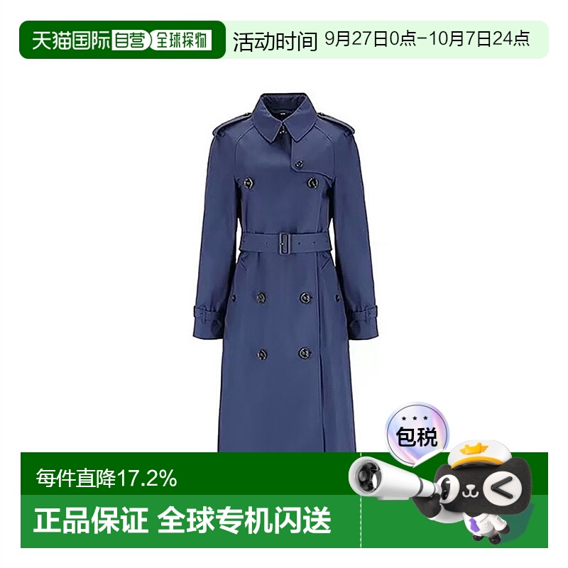 自营欧洲直邮Burberry博柏利女士中长款风衣海军蓝棉质配系带翻领