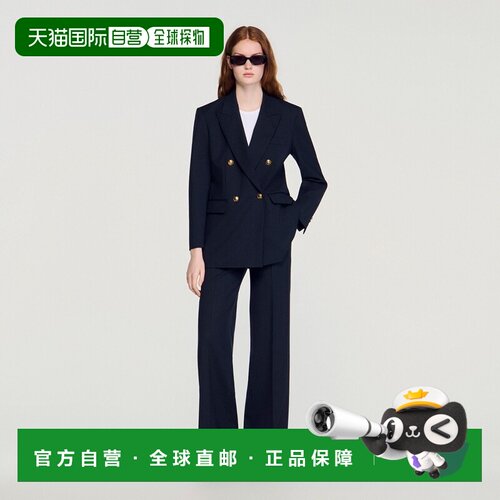 自营欧洲直邮Sandro桑德罗 女士藏青色羊毛细条纹西装外套