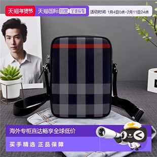 自营欧洲直邮Burberry/博柏丽 男士黑灰色棉经典格纹肩带斜男包