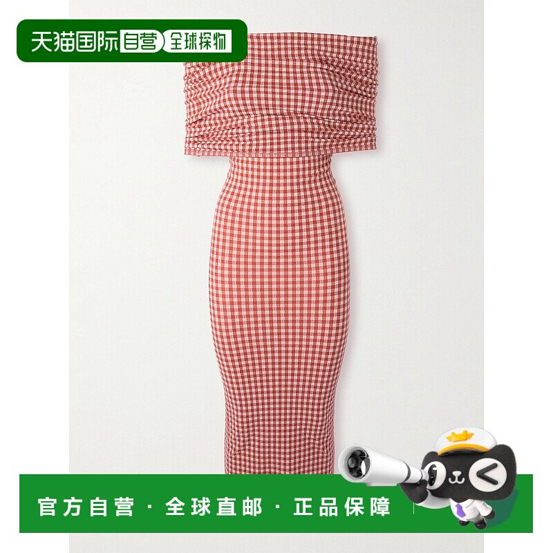 香港直邮Alaia 女士 露肩格纹弹性针织中长连衣裙 AA9R2714K088B3