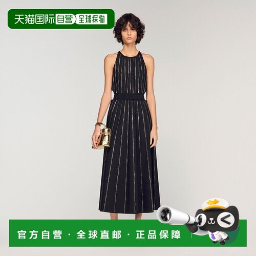自营欧洲直邮Sandro桑德罗 女士黑色棉质镶钻性感长款吊带连衣裙