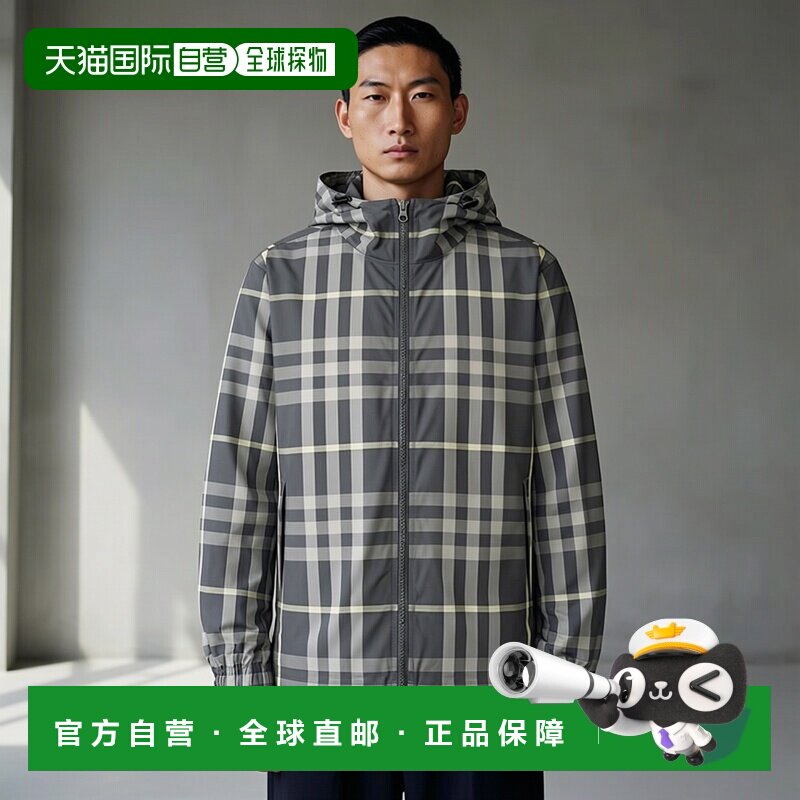 自营Burberry/博柏利 男士黑色涤纶格纹拉链连帽长袖夹克外套图片