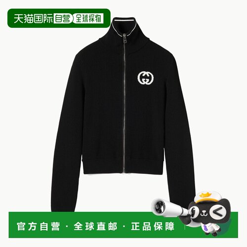 自营欧洲直邮GUCCI古驰 女士黑色粘胶纤维GG提花拉链针织外套女装