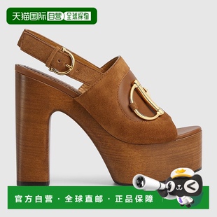 女士棕色麂皮马衔扣厚底高跟凉鞋 自营欧洲直邮Gucci 古驰