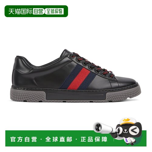 自营欧洲直邮GUCCI古驰 Ace男士黑色皮革Web织带休闲运动鞋