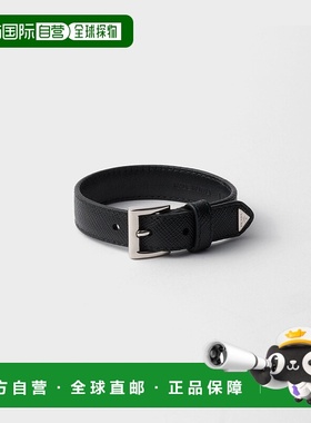 自营欧洲直邮Prada普拉达 Saffiano男士黑色皮革三角徽标手链配饰