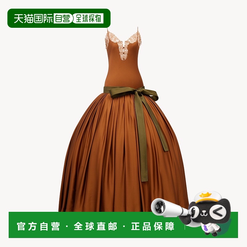 自营欧洲直邮YSL圣罗兰 女士干邑色真丝纽扣开合无袖连衣裙长款