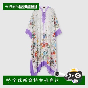 连衣裙 欧洲直邮Gucci 古驰 女士白色 紫色真丝花卉印花V领斗篷式