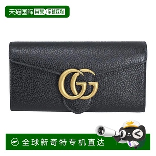 古驰 欧洲直邮Gucci 男女通用黑色皮革Marmont双G金色徽标钱包