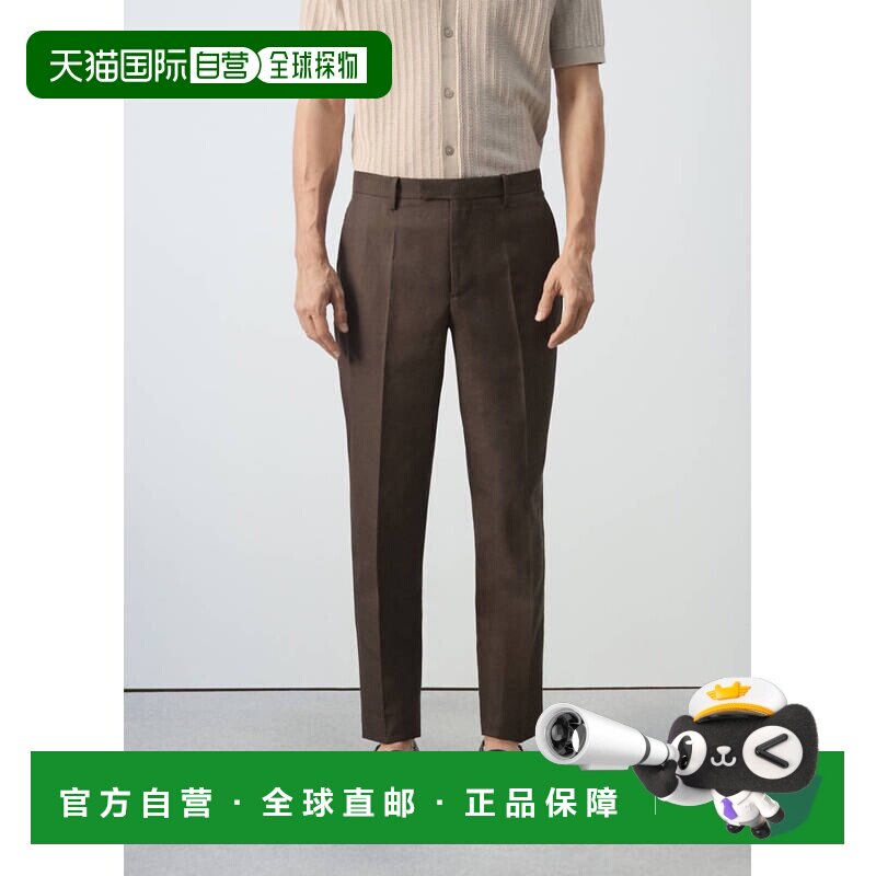 自营欧洲直邮MANGO 男士棕色莱赛尔亚麻棉混纺修身版型西裤男装