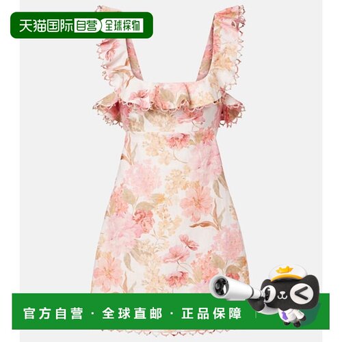 香港直邮ZIMMERMANN 女士 Como 花朵荷叶边迷你吊带亚麻连衣裙