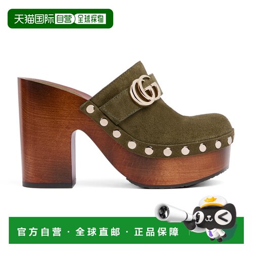 自营欧洲直邮GUCCI古驰 女士森林绿绒面皮革Double G坡跟木屐