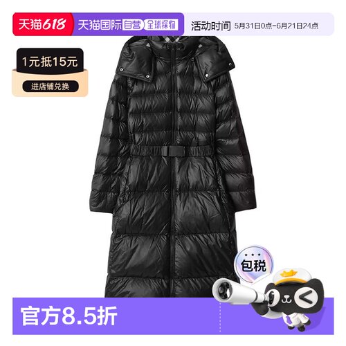 自营欧洲直邮Burberry/博柏利 女士黑色锦纶中可拆卸连帽长款羽绒