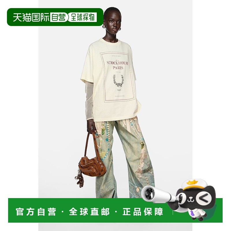 自营欧洲直邮Acne Studios  FW25女士米色棉T恤长袖蕾丝针织宽松