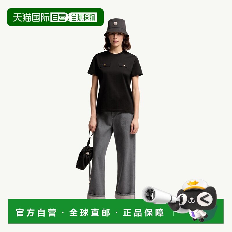 自营欧洲直邮MONCLER盟可睐 女士黑色棉质假口袋T恤短袖女装