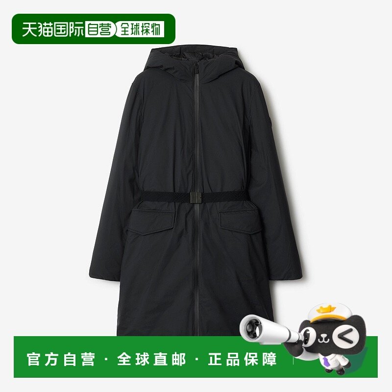 自营欧洲直邮Burberry博柏利 女士黑色聚酰胺中长款连帽大衣鹅绒