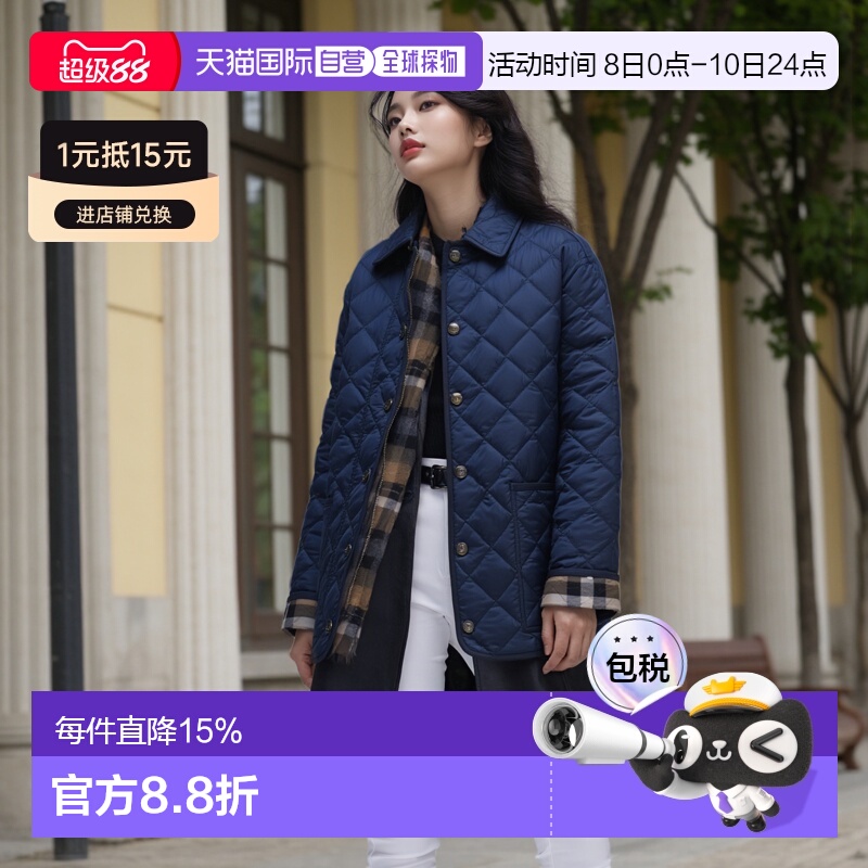 自营欧洲直邮BURBERRY博柏利 女士单排扣翻领海军蓝长袖棉服外套